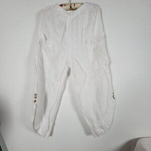 Vintage Italian White Linen Cargo Cropped Pants Elastic Waist Casual Pull-On
